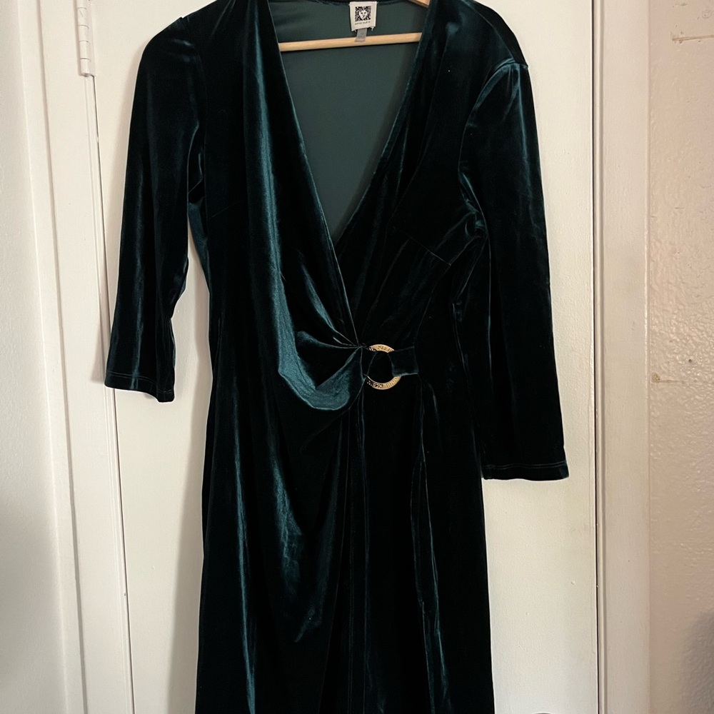 Anne Klein Deep Green Velvet Long Sleeve Dress